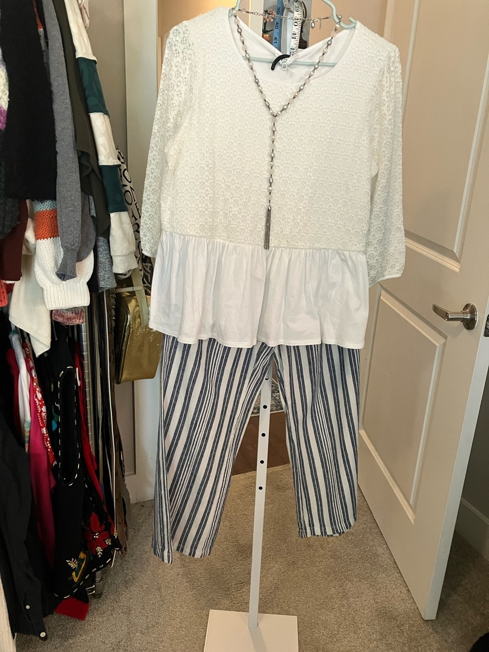 White Lace Peplum Top & Blue Stripe Pants Set